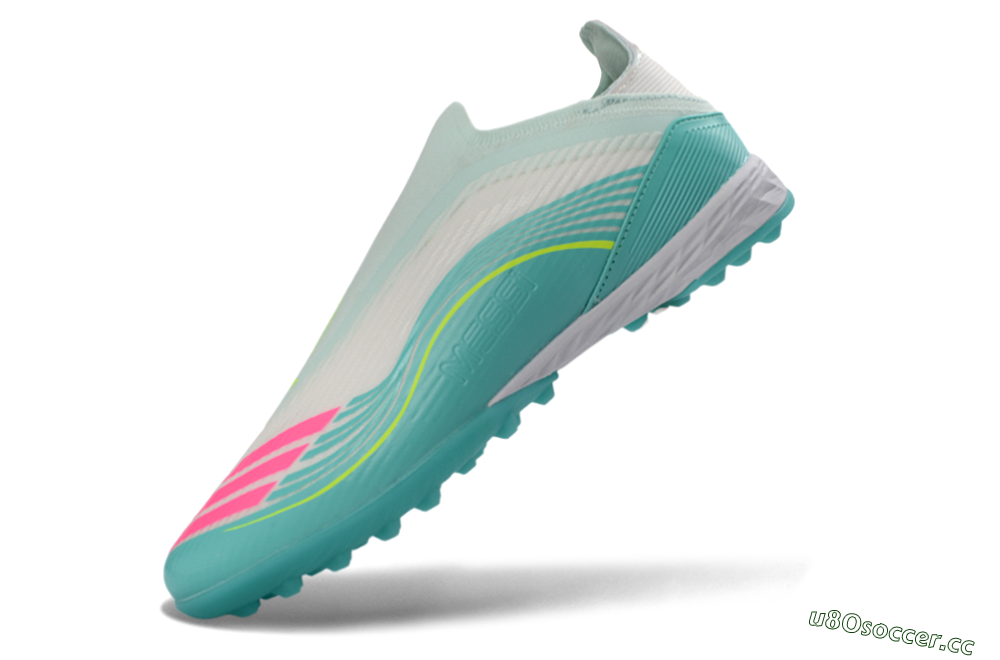 Unisex Messi x Adidas F50 Elite Laceless TF Artificial Turf Low-Tops Football Shoes - Teal/Bright Pink/Neon Yellow 6