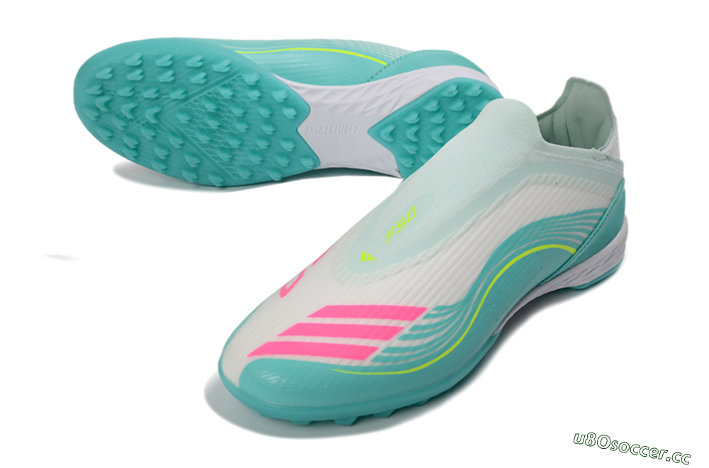 Unisex Messi x Adidas F50 Elite Laceless TF Artificial Turf Low-Tops Football Shoes - Teal/Bright Pink/Neon Yellow 3