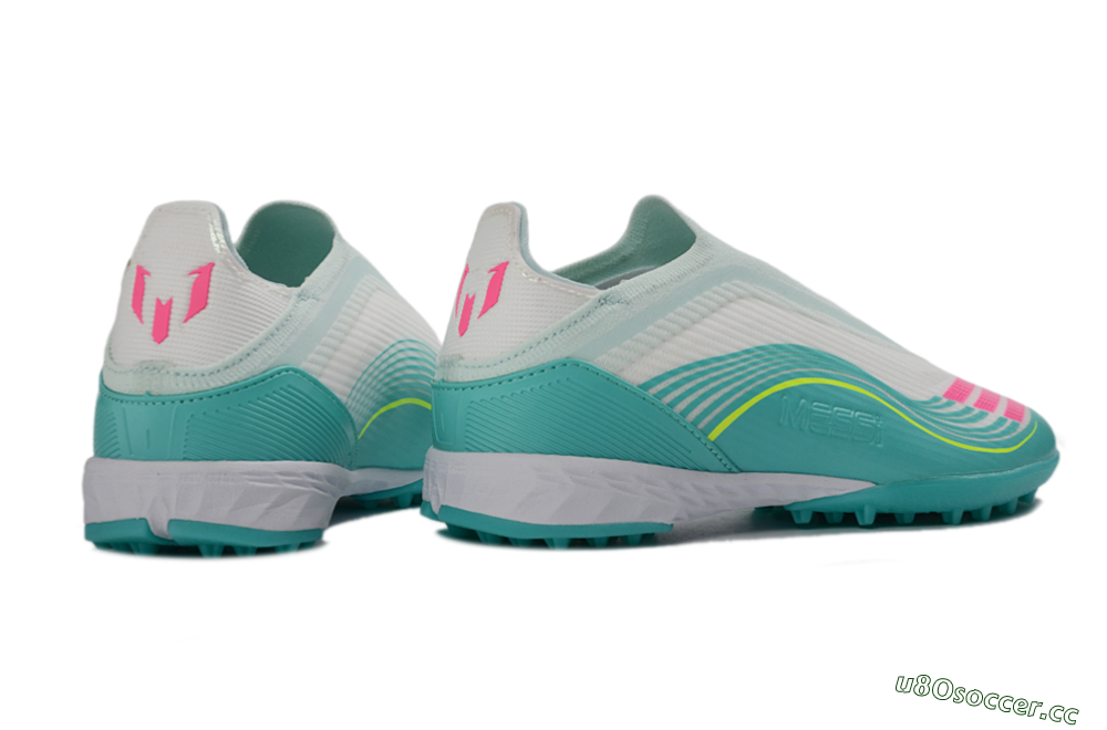 Unisex Messi x Adidas F50 Elite Laceless TF Artificial Turf Low-Tops Football Shoes - Teal/Bright Pink/Neon Yellow 7