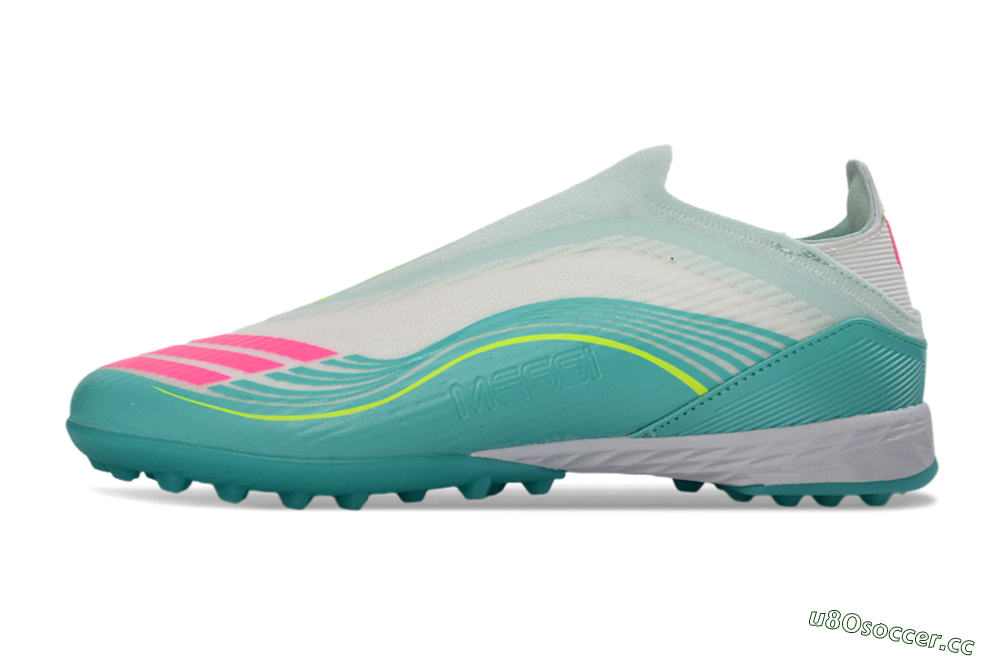 Unisex Messi x Adidas F50 Elite Laceless TF Artificial Turf Low-Tops Football Shoes - Teal/Bright Pink/Neon Yellow 0