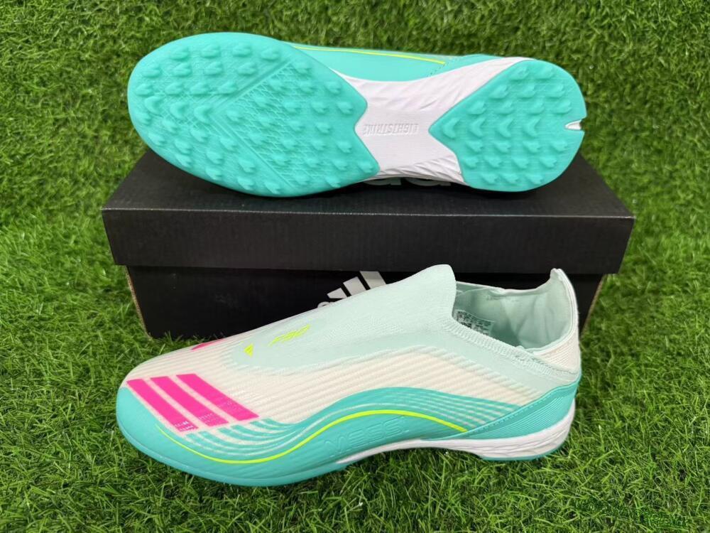 Unisex Messi x Adidas F50 Elite Laceless TF Artificial Turf Low-Tops Football Shoes - Teal/Bright Pink/Neon Yellow