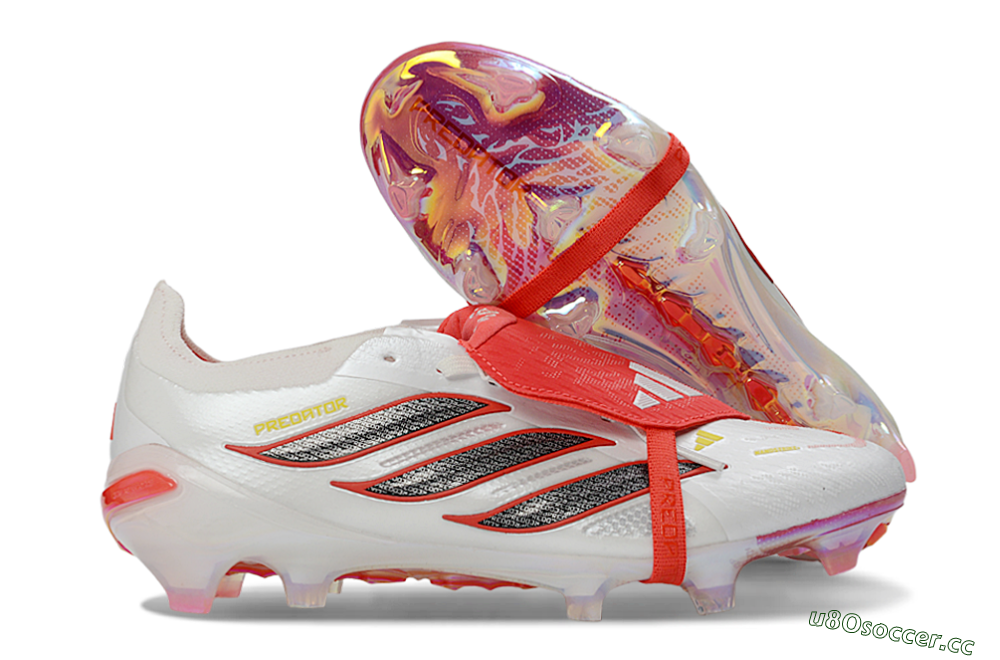 Unisex Adidas Predator 26 Elite Fold-Over Tongue FG Firm Ground Low-Tops Football Boots - White/Electric Red/Steel Gray 2