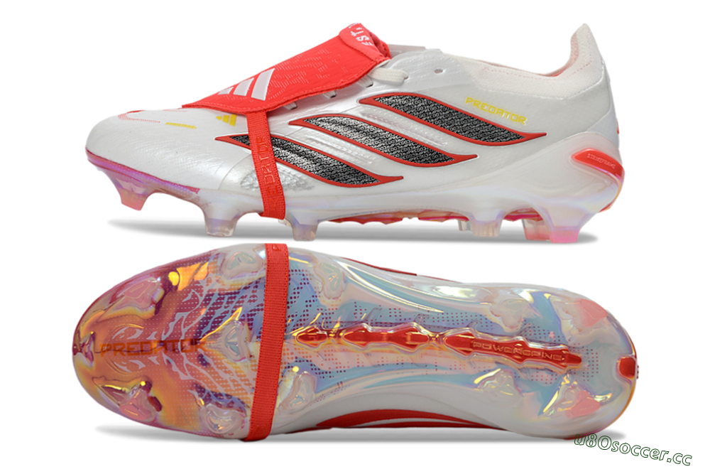 Unisex Adidas Predator 26 Elite Fold-Over Tongue FG Firm Ground Low-Tops Football Boots - White/Electric Red/Steel Gray 1