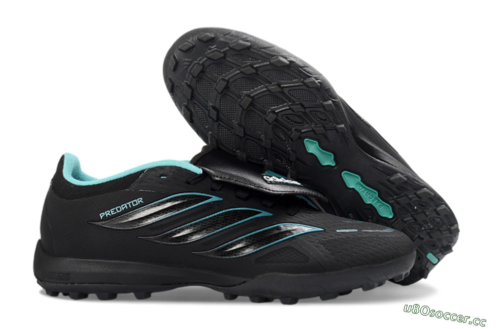 Men's Adidas Predator 26 Elite Fold-Over Tongue TF Artificial Turf Low-Tops Football Shoes - Black/Aqua Blue/Metallic Silver 2