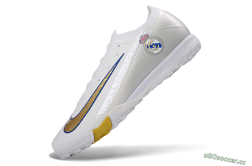 Unisex Nike Air Zoom Mercurial Vapor 16 Elite TF Artificial Turf Low-Tops Football Shoes - White/Royal Blue/Metallic Gold 5