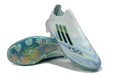 Men's Adidas F50 Elite Laceless FG Firm Ground Low-Tops Football Boots - White/Iridescent Blue/Iridescent Yellow