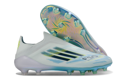 Men's Adidas F50 Elite Laceless FG Firm Ground Low-Tops Football Boots - White/Iridescent Blue/Iridescent Yellow