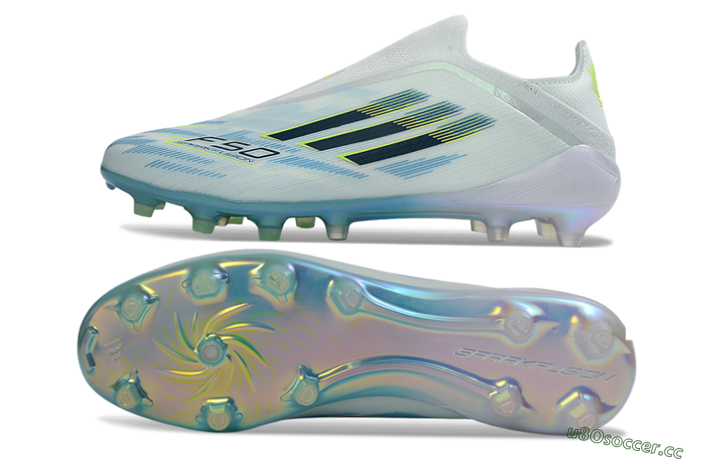 Men's Adidas F50 Elite Laceless FG Firm Ground Low-Tops Football Boots - White/Iridescent Blue/Iridescent Yellow 1