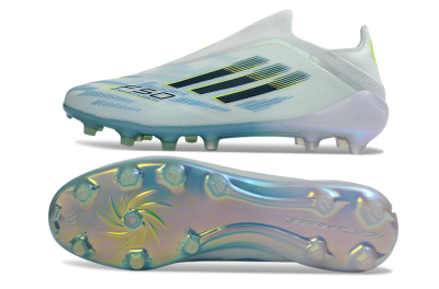 Men's Adidas F50 Elite Laceless FG Firm Ground Low-Tops Football Boots - White/Iridescent Blue/Iridescent Yellow