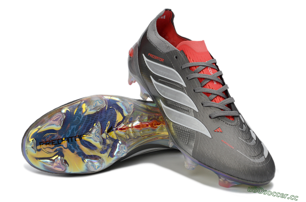 Men's Adidas Predator 26 Elite FG Firm Ground Low-Tops Football Boots - Gray/Fiery Red/Metallic Silver 3