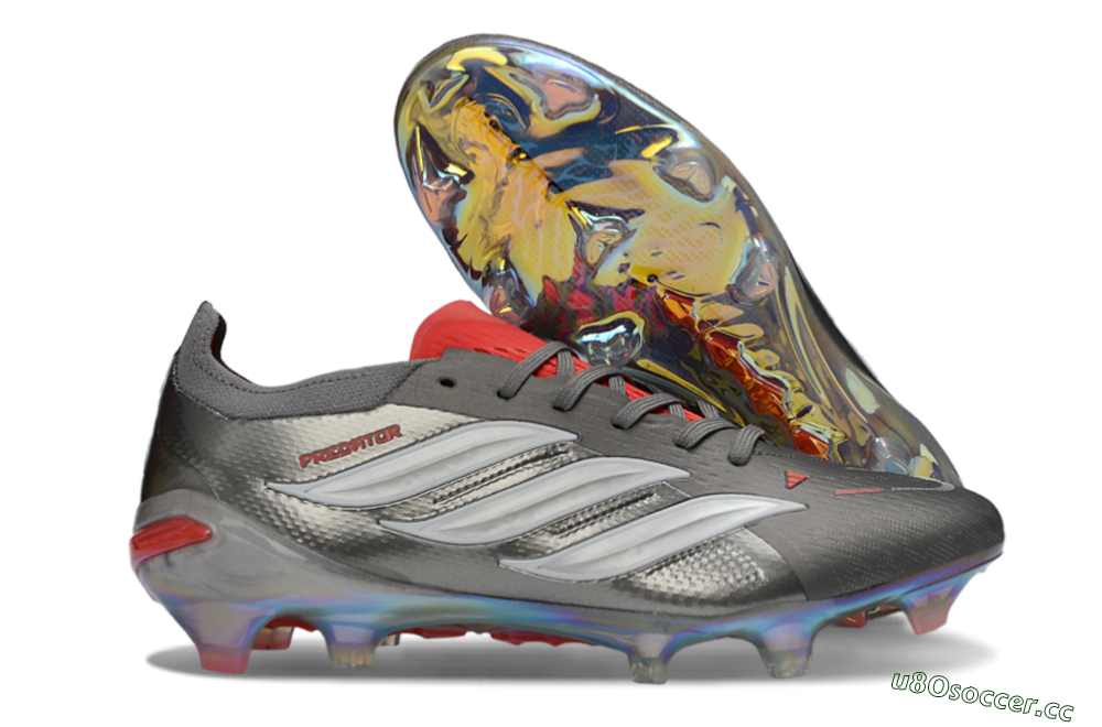 Men's Adidas Predator 26 Elite FG Firm Ground Low-Tops Football Boots - Gray/Fiery Red/Metallic Silver 2