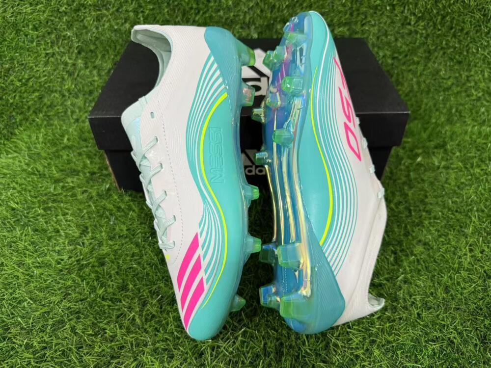 Unisex Messi x Adidas F50 Elite FG Firm Ground Low-Tops Football Boots - Aqua/Coral Twist/Neon Green