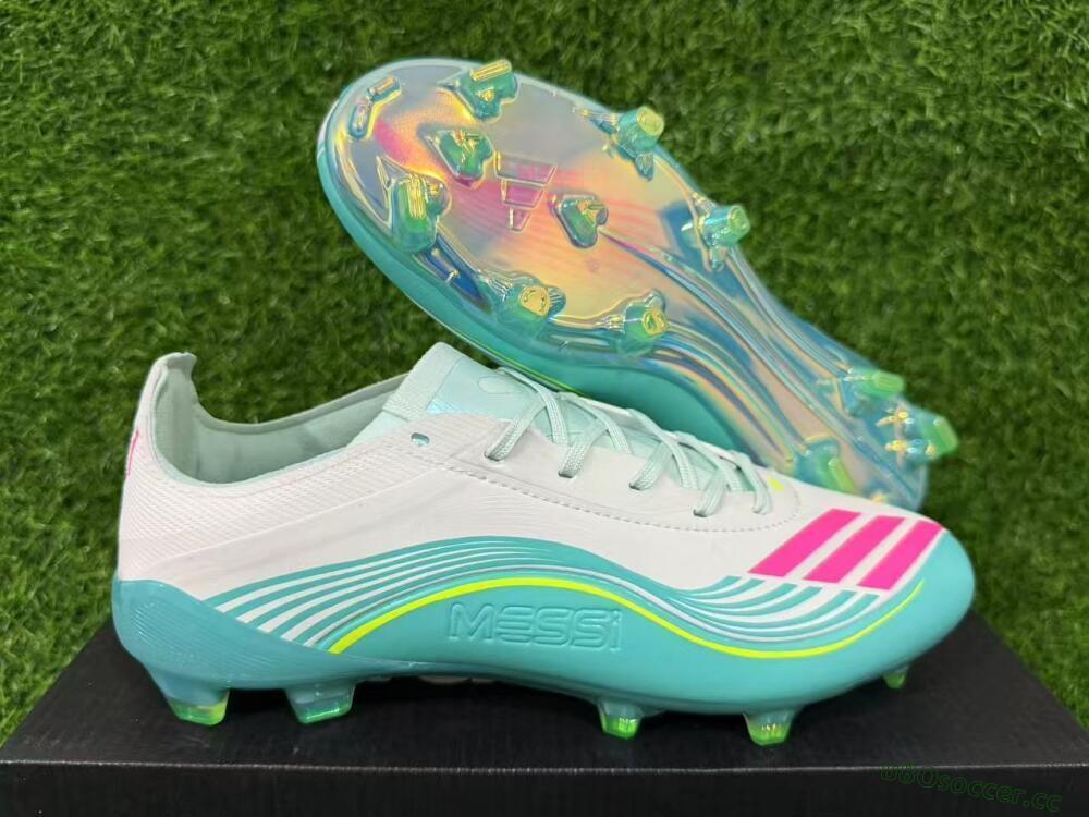 Unisex Messi x Adidas F50 Elite FG Firm Ground Low-Tops Football Boots - Aqua/Coral Twist/Neon Green