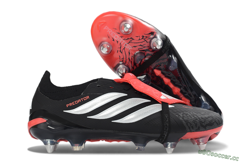 Men's Adidas Predator 26 Elite Fold-Over Tongue SG Soft Ground Low-Tops Football Boots - Black/Vibrant Red/Metallic Silver 2