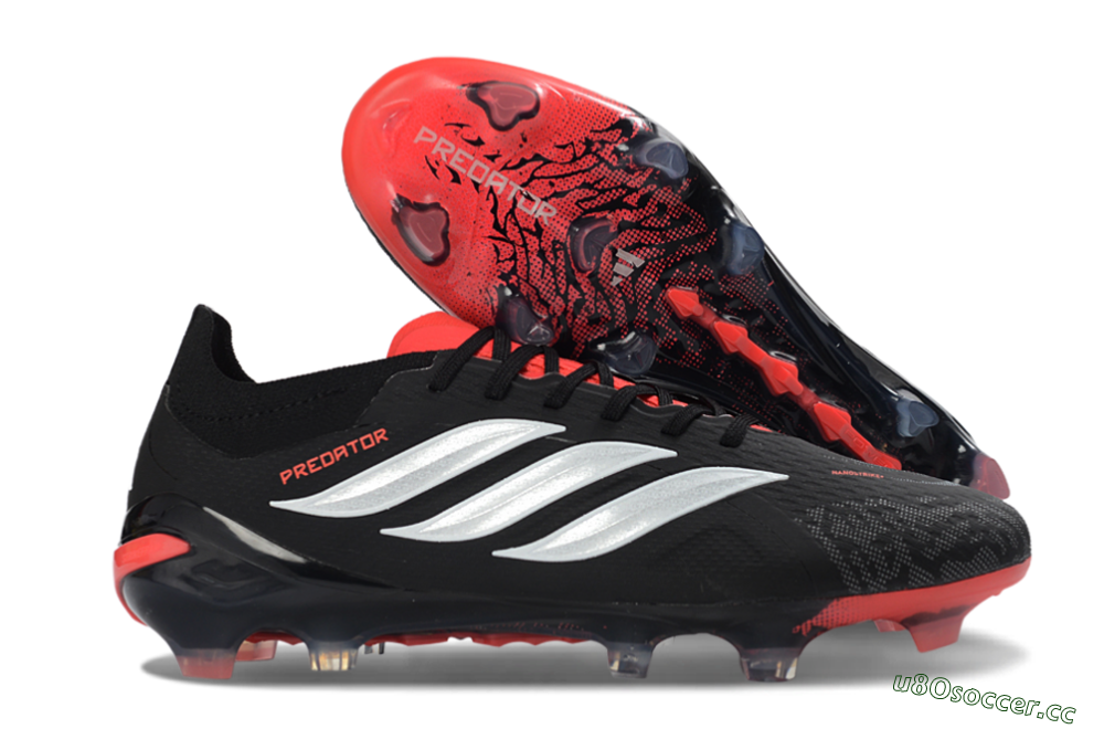 Unisex Adidas Predator 26 Elite FG Firm Ground Low-Tops Football Boots - Black/Fiery Red/Metallic Silver 2