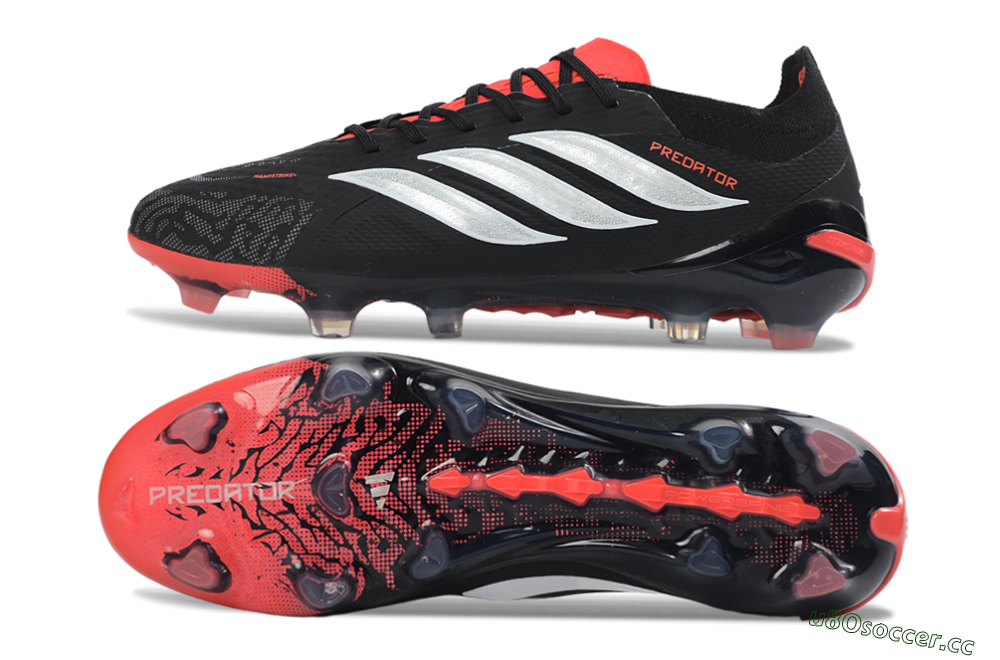 Unisex Adidas Predator 26 Elite FG Firm Ground Low-Tops Football Boots - Black/Fiery Red/Metallic Silver 1