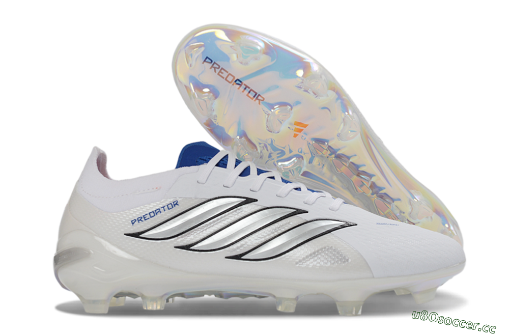 Unisex Adidas Predator 26 Elite FG Firm Ground Low-Tops Football Boots - White/Electric Blue/Silver 2
