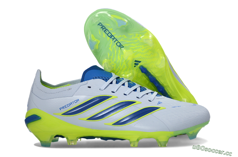 Unisex Adidas Predator 26 Elite FG Firm Ground Low-Tops Football Boots - Gray/Electric Green/Navy Blue 2