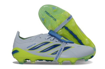 Unisex Adidas Predator 26 Elite Fold-Over Tongue FG Firm Ground Low-Tops Football Boots - Gray/Vibrant Blue/Bright Lime