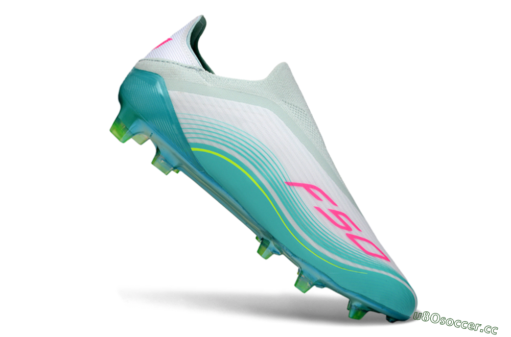 Unisex Adidas F50 Elite Laceless FG Firm Ground Low-Tops Football Boots - Aqua/Neon Green/Pink 4