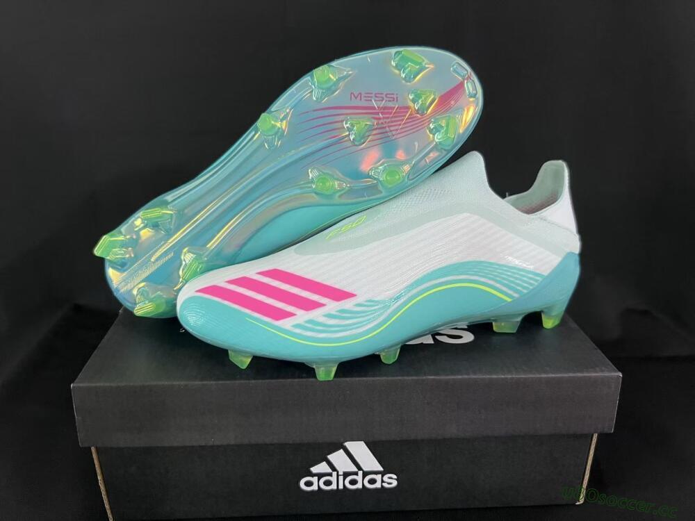 Unisex Adidas F50 Elite Laceless FG Firm Ground Low-Tops Football Boots - Aqua/Neon Green/Pink