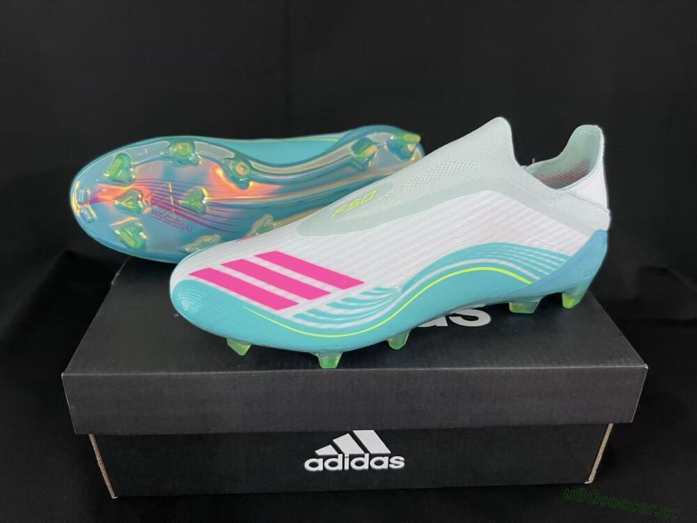 Unisex Adidas F50 Elite Laceless FG Firm Ground Low-Tops Football Boots - Aqua/Neon Green/Pink