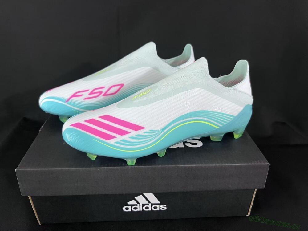 Unisex Adidas F50 Elite Laceless FG Firm Ground Low-Tops Football Boots - Aqua/Neon Green/Pink