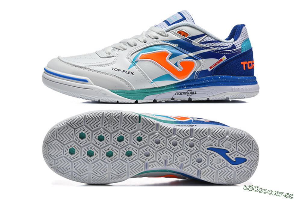 Men's Joma Top Flex IC Indoor & Futsal Low-Tops Football Shoes - White/Bright Blue/Orange 1