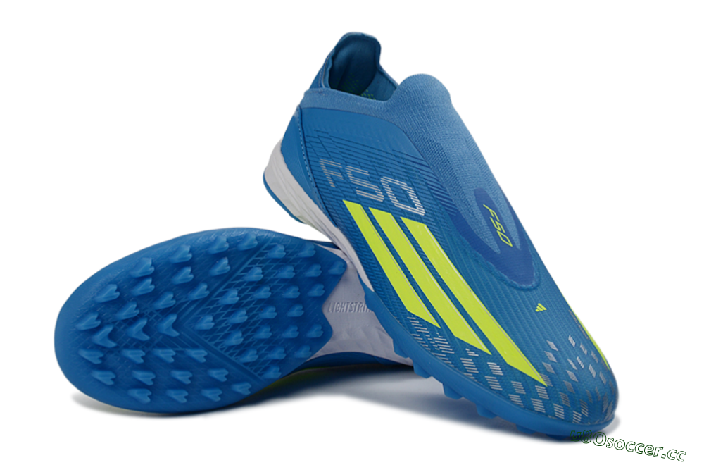 Unisex Adidas F50 Elite Laceless TF Artificial Turf Low-Tops Football Shoes - Blue/Electric Blue/Lime Green 4