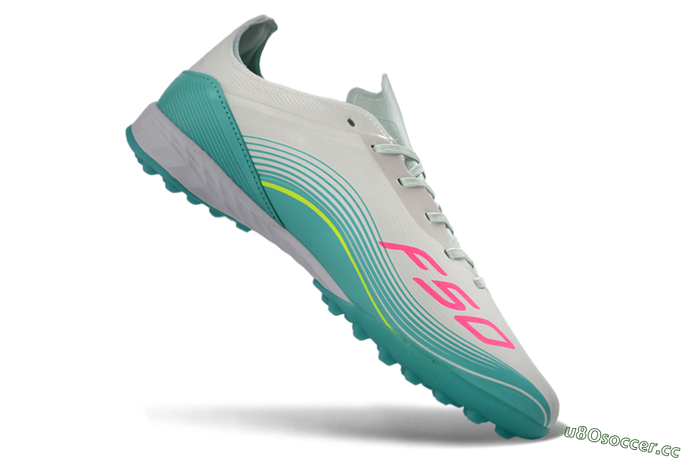 Unisex Adidas F50 Pro TF Artificial Turf Low-Tops Football Shoes - Aqua/Neon Pink/Sunshine Yellow 5