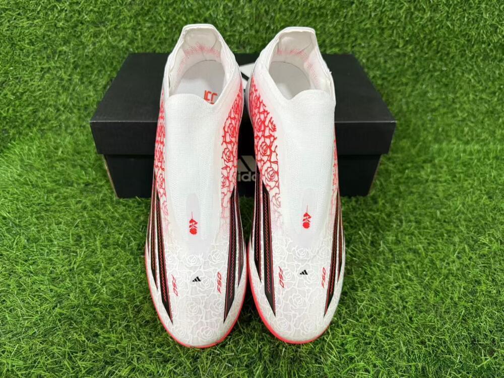 Unisex Adidas F50 Elite Laceless TF Artificial Turf Low-Tops Football Shoes - White/Coral Red/Silver