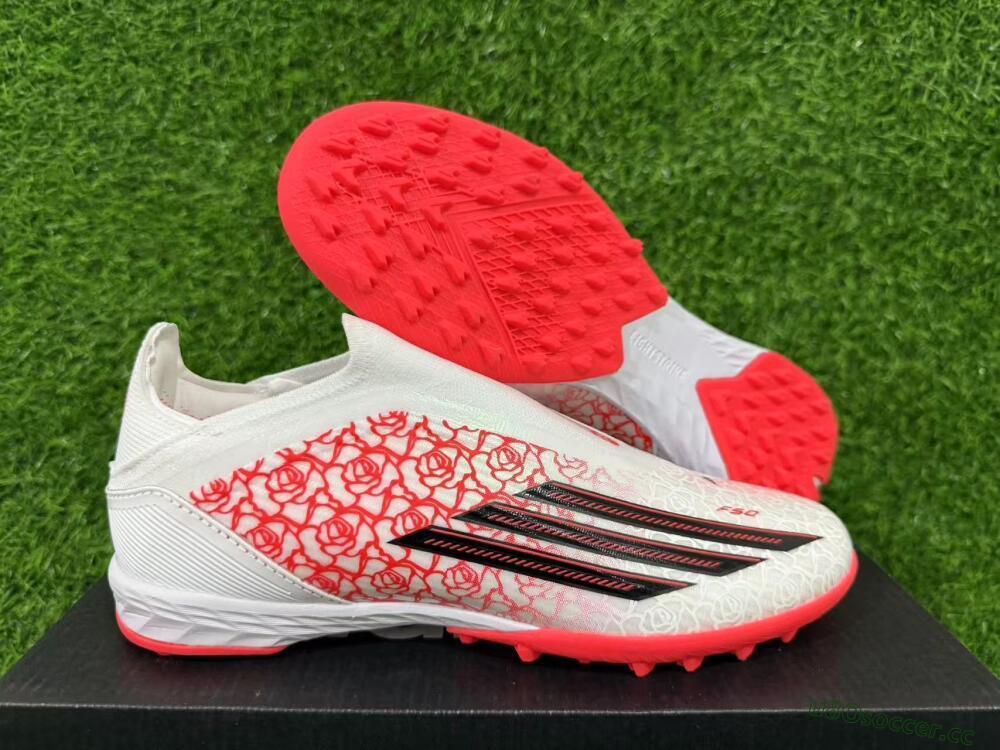 Unisex Adidas F50 Elite Laceless TF Artificial Turf Low-Tops Football Shoes - White/Coral Red/Silver