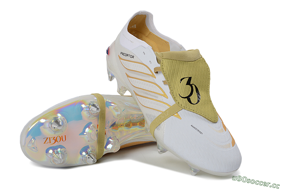 Men's Adidas Predator 26 Elite Fold-Over Tongue SG Soft Ground Low-Tops Football Boots - White/Gold Accents/Holographic Sole 3