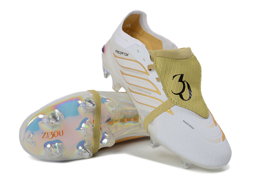 Men's Adidas Predator 26 Elite Fold-Over Tongue SG Soft Ground Low-Tops Football Boots - White/Gold Accents/Holographic Sole