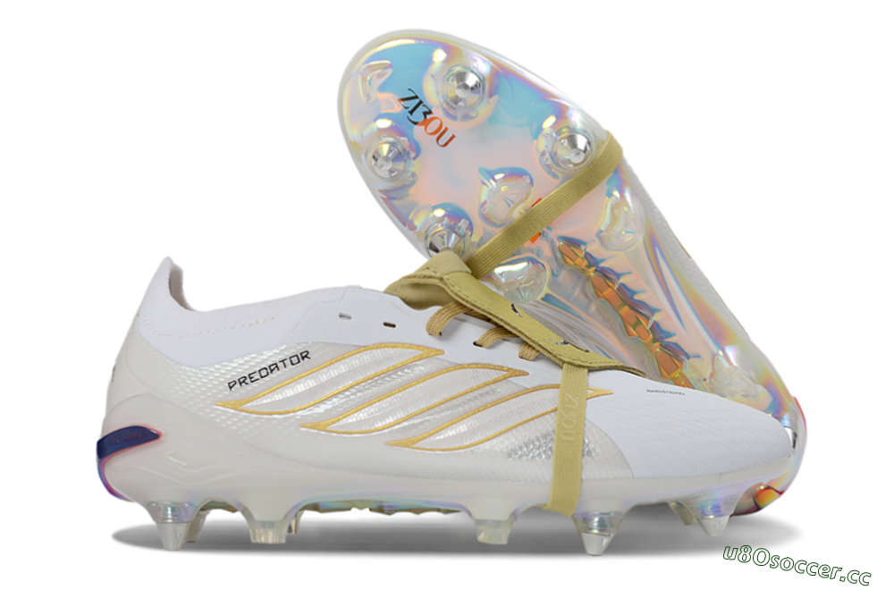 Men's Adidas Predator 26 Elite Fold-Over Tongue SG Soft Ground Low-Tops Football Boots - White/Gold Accents/Holographic Sole 2