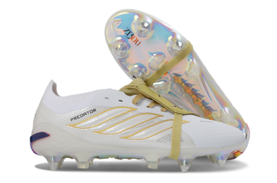 Men's Adidas Predator 26 Elite Fold-Over Tongue SG Soft Ground Low-Tops Football Boots - White/Gold Accents/Holographic Sole