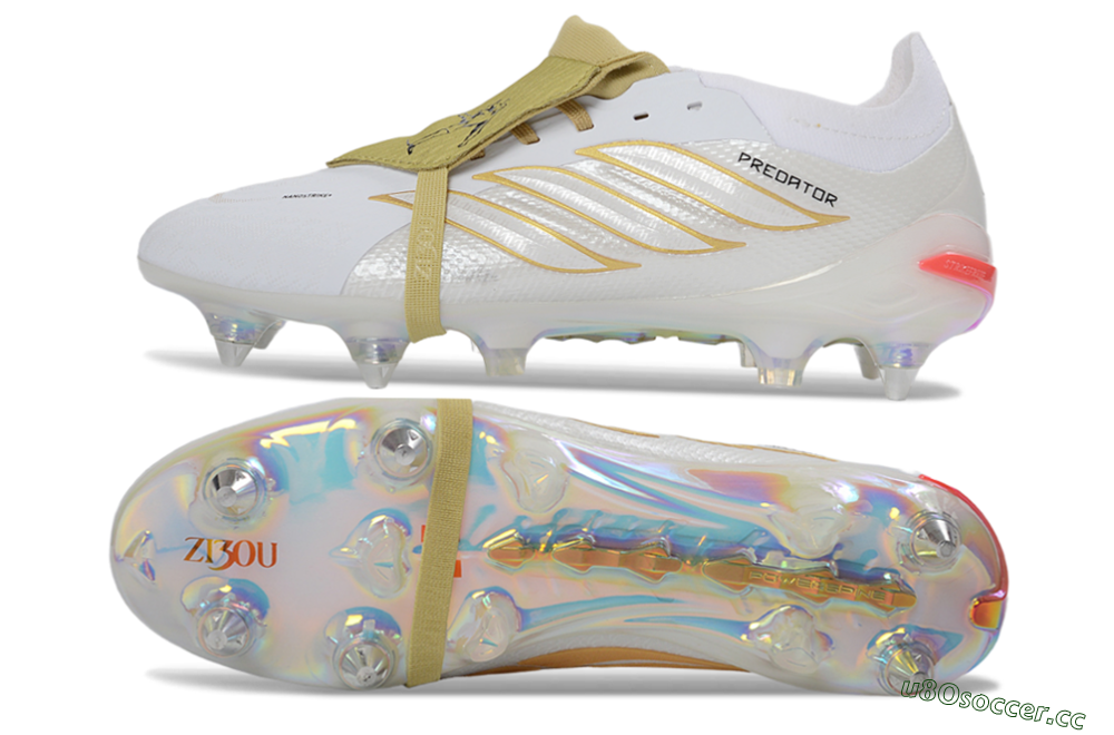 Men's Adidas Predator 26 Elite Fold-Over Tongue SG Soft Ground Low-Tops Football Boots - White/Gold Accents/Holographic Sole 1