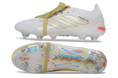 Men's Adidas Predator 26 Elite Fold-Over Tongue SG Soft Ground Low-Tops Football Boots - White/Gold Accents/Holographic Sole