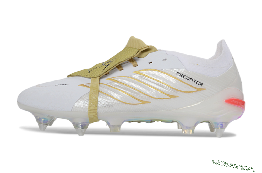 Men's Adidas Predator 26 Elite Fold-Over Tongue SG Soft Ground Low-Tops Football Boots - White/Gold Accents/Holographic Sole 0