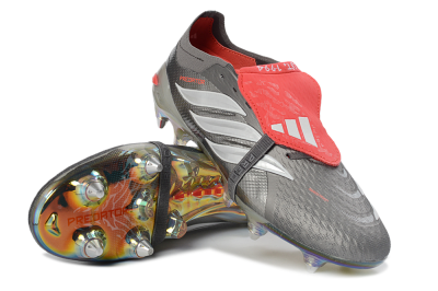 Men's Adidas Predator 26 Elite Fold-Over Tongue SG Soft Ground Low-Tops Football Boots - Gray/Electric Red/Metallic Silver