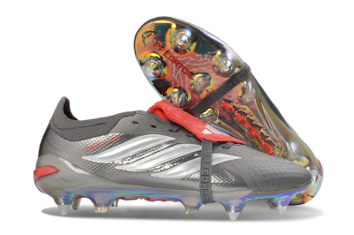 Men's Adidas Predator 26 Elite Fold-Over Tongue SG Soft Ground Low-Tops Football Boots - Gray/Electric Red/Metallic Silver