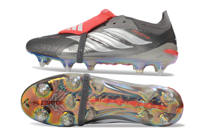 Men's Adidas Predator 26 Elite Fold-Over Tongue SG Soft Ground Low-Tops Football Boots - Gray/Electric Red/Metallic Silver