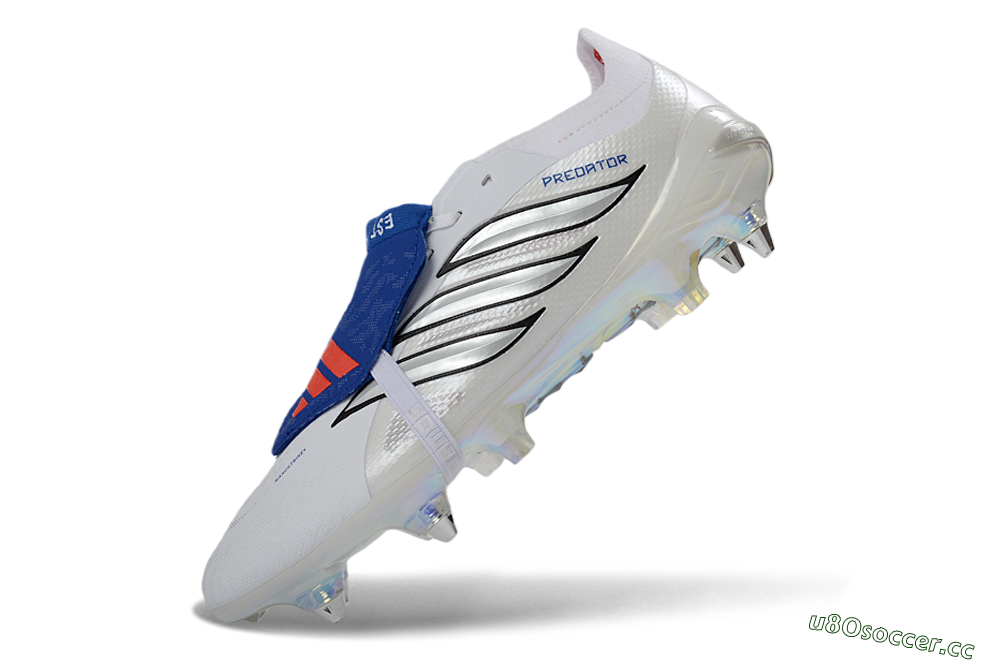 Men's Adidas Predator 26 Elite Fold-Over Tongue SG Soft Ground Low-Tops Football Boots - White/Electric Blue/Iridescent 5