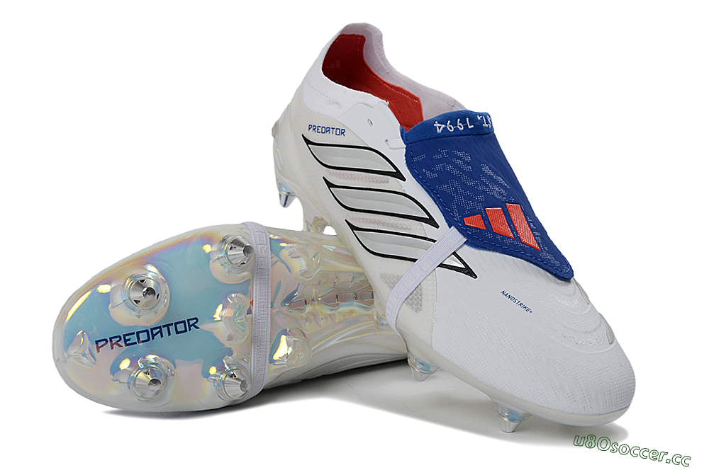 Men's Adidas Predator 26 Elite Fold-Over Tongue SG Soft Ground Low-Tops Football Boots - White/Electric Blue/Iridescent 3