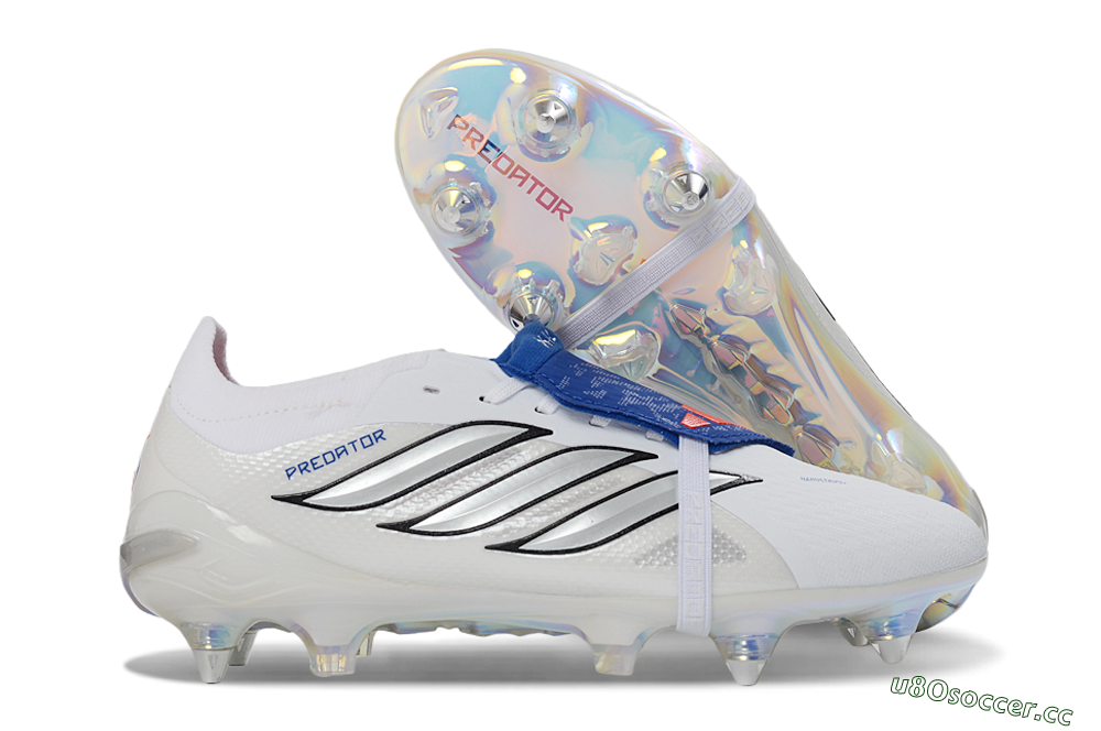 Men's Adidas Predator 26 Elite Fold-Over Tongue SG Soft Ground Low-Tops Football Boots - White/Electric Blue/Iridescent 2