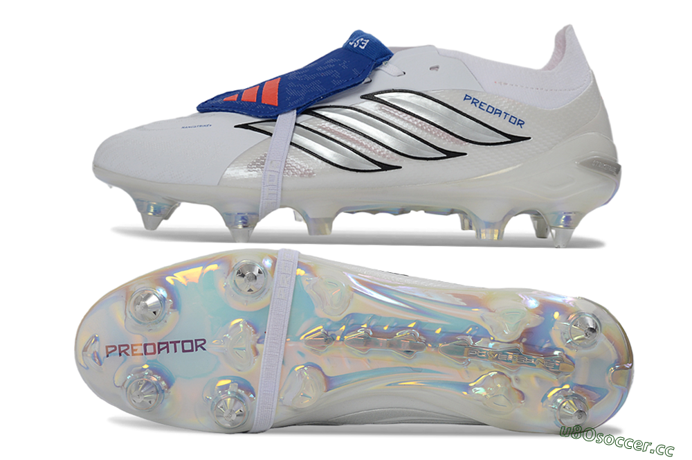 Men's Adidas Predator 26 Elite Fold-Over Tongue SG Soft Ground Low-Tops Football Boots - White/Electric Blue/Iridescent 1