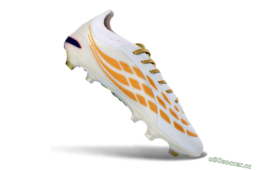 Unisex Adidas Predator 26 Elite FG Firm Ground Low-Tops Football Boots - White/Metallic Gold/Iridescent Neon 4