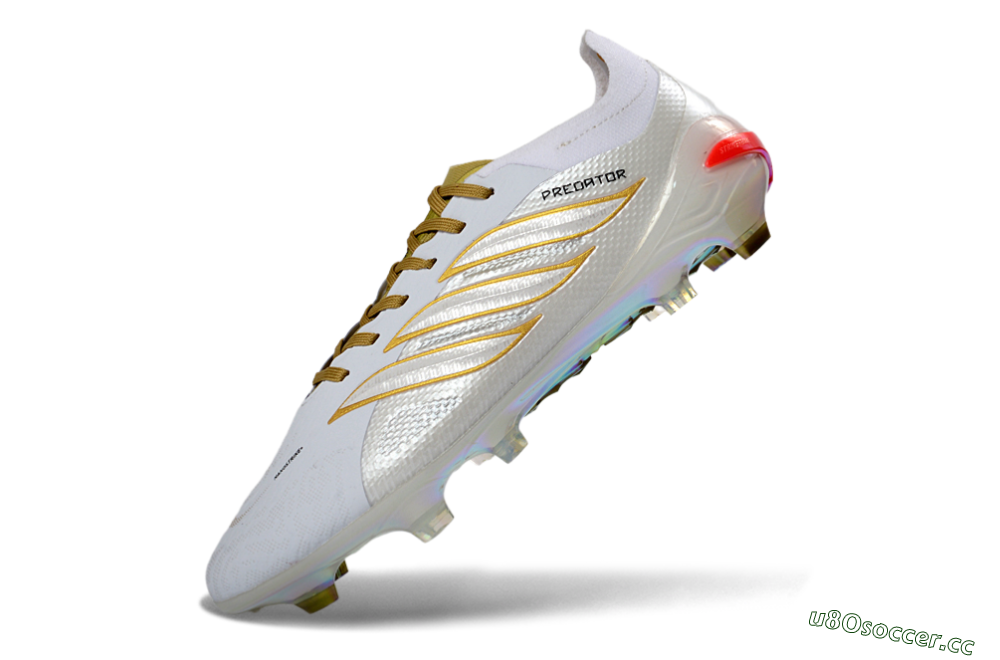 Unisex Adidas Predator 26 Elite FG Firm Ground Low-Tops Football Boots - White/Metallic Gold/Iridescent Neon 5