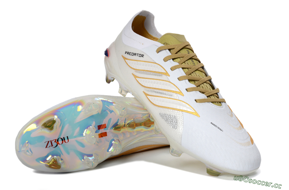 Unisex Adidas Predator 26 Elite FG Firm Ground Low-Tops Football Boots - White/Metallic Gold/Iridescent Neon 3