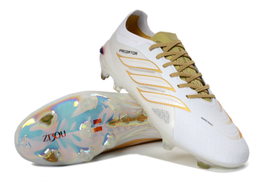 Unisex Adidas Predator 26 Elite FG Firm Ground Low-Tops Football Boots - White/Metallic Gold/Iridescent Neon